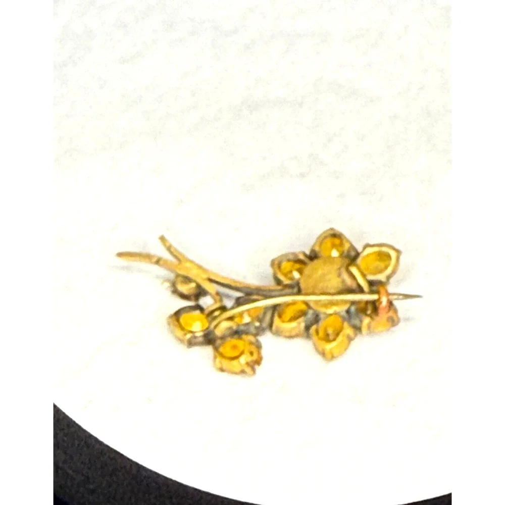 Vintage Long-Stem Flower Brooch Yellow Citrine Stones Rhinestone Lapel Pin MCM